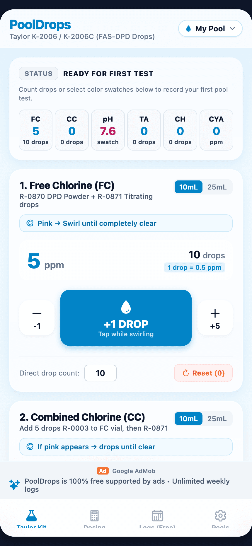 PoolDrops Mobile App Interface with Taylor K-2006 test kit drop counter